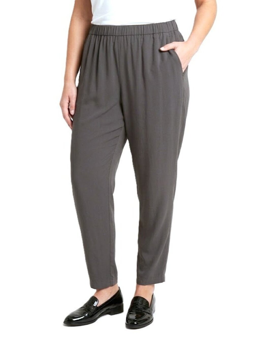 NWT Eileen Fisher Slouchy Ankle in Bark Gray Silk Georgette Pull-on Pants L